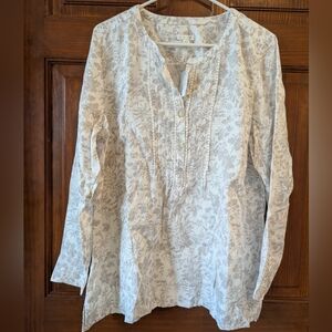 NWT J Jill Love Linen L White Tunic Blouse Butterfly Floral Top Boho Cottagecore